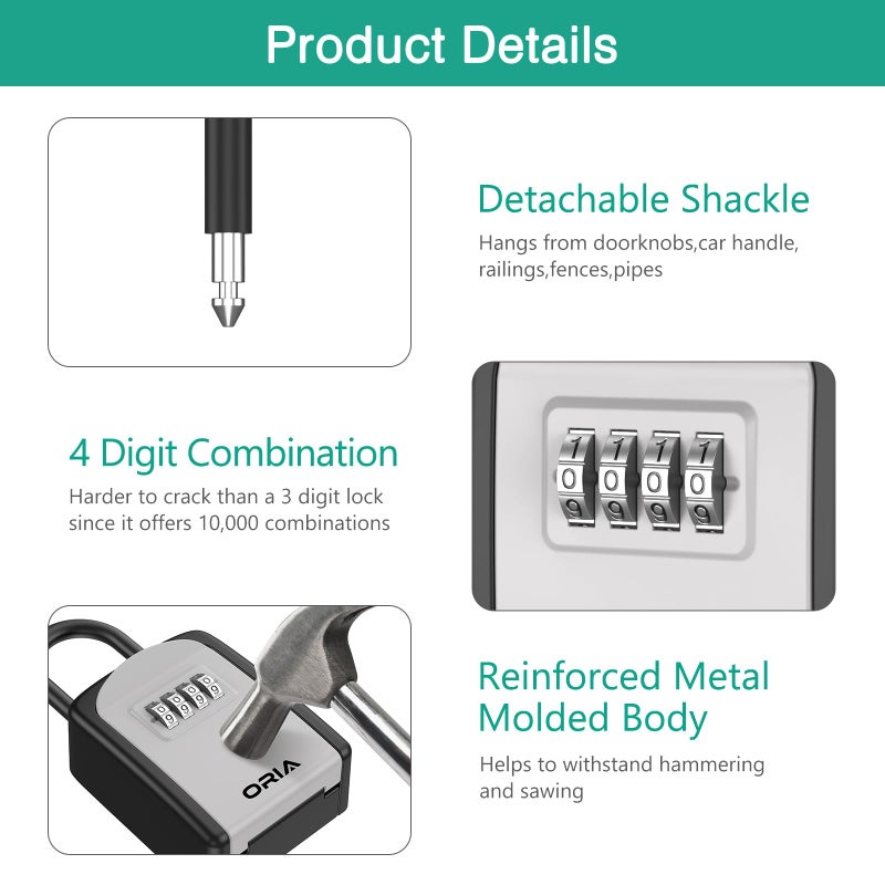 ORIA صندوق قفل المفاتيح ORIA، صندوق أمان المفاتيح، صندوق تخزين المفاتيح بتركيبة 4 أرقام مقاوم للماء، سعة 5 مفاتيح مع حلقة قابلة للإزالة للاستخدام الداخلي والخارجي، فضي، 3.66 بوصة - Image 4